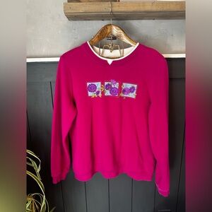 Vintage 90’s Grandma Magenta Pink Floral Collar Sweatshirt size Large‎